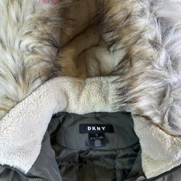 DKNY Womens Full Zip Lined Faux Fer Trim Hooded Military Coat Green Size XS - Picture 6 of 8